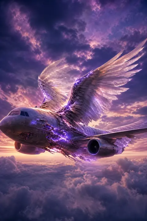 Airplane fuselage transforming into bird of light, metal wings unfurling, violet twilight crackling