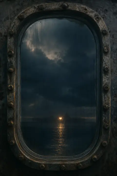 Enormous riveted airplane window in shadow, warm cabin light glowing like a heart through glass