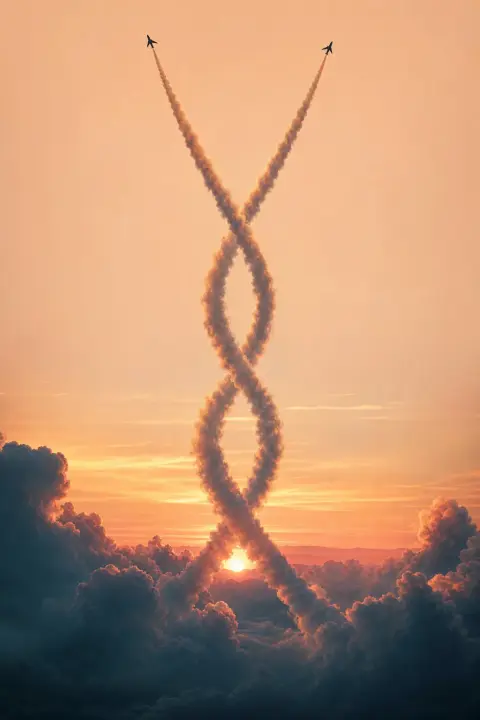 Two identical airplanes ascending in mirror-symmetry from dawn horizon, vapor trails braiding toward peach sky