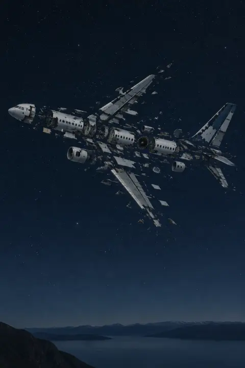 Airplane fuselage fragments frozen mid-explosion form the silhouette of the whole plane against deep indigo starlit sky.