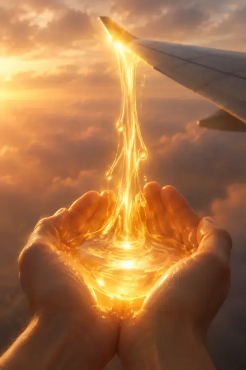 Cupped hands catch thick amber liquid light pouring upward against gravity from a blurred airplane wing-tip at dusk.