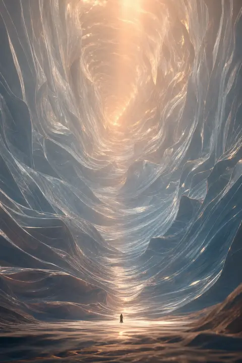 Immense canyon lumineux d'ondes sonores bleu argent, minuscule silhouette à la base, géométrie se repliant infiniment vers l'intérieur