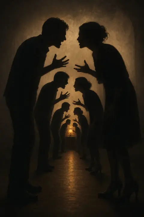 Silhouettes imbriquées de couples qui se disputent s'enfonçant dans l'ombre, plus petit centre brillant d'une lampe ambrée chaude