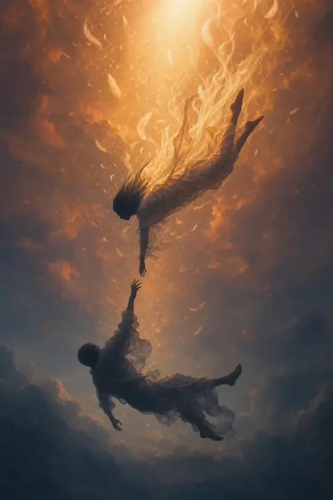 Paroles et souffle flottent vers le haut comme des plumes tandis que deux figures dérivent vers le bas dans l'aube pêche, mains tendues mais jamais en contact