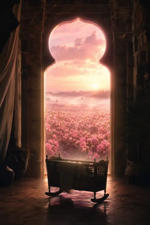 Ein rosa leuchtender Torbogen öffnet sich auf ein Feld voller Morgenblumen, darin die Silhouette einer Wiege des neugeborenen Mädchens