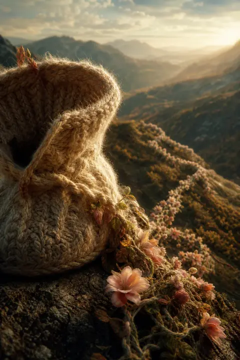 Nahaufnahme eines gestrickten Schühchens des neugeborenen Mädchens, dessen Wollfäden zu einer blühenden Ranke über Hügeln werden