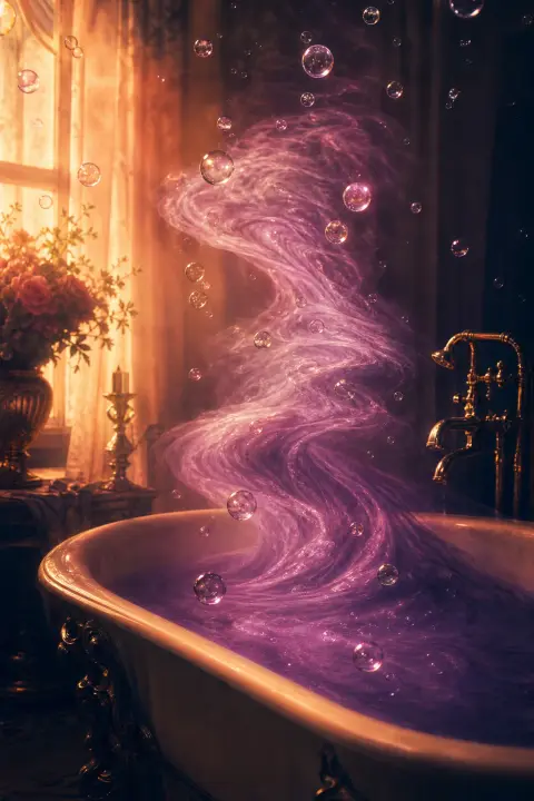 Bathwater rises upward in violet spirals defying gravity while soap bubbles sink downward like stones through rose-tinted air