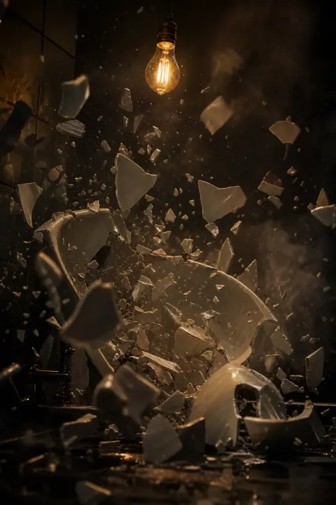 Porcelain sink shatters into white shards suspended in shadow, warm amber bulb illuminating fractured geometry like scattered teeth