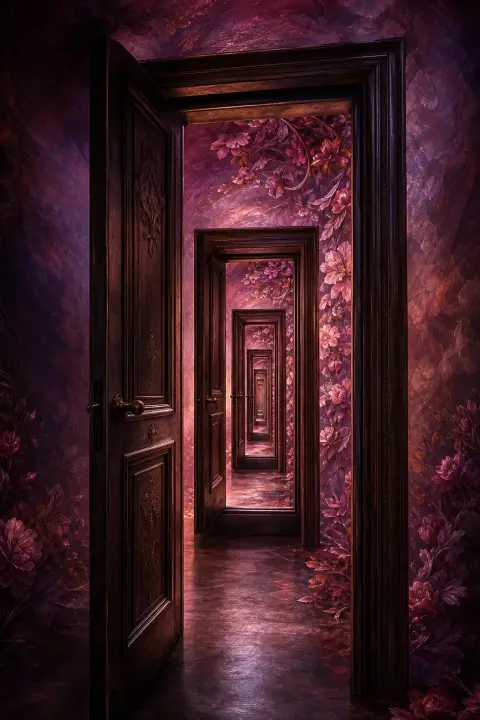 Corridor of doors folding inward impossibly, thresholds shrinking toward violet and rose spiral center, arrest claustrophobia