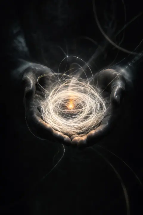 White light strands held in shadow-hands, luminous threads taut against noir, warm ember burning at core