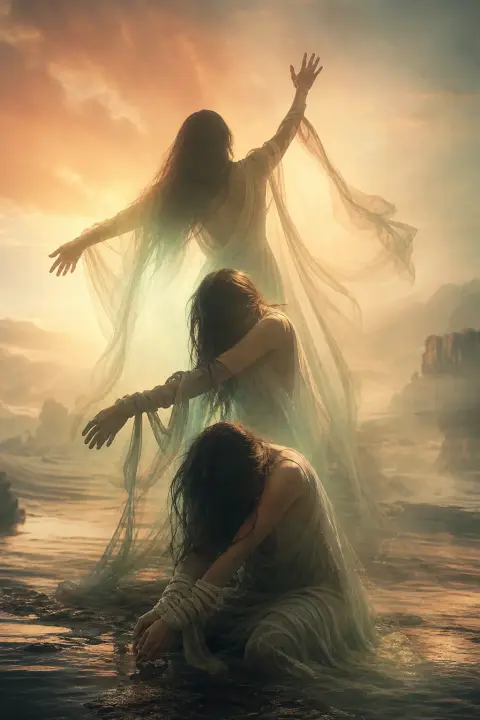 Figure reaching, standing, kneeling simultaneously in peach dawn, three surrender moments layered, hands open and bound