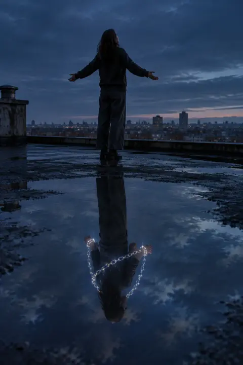 Rooftop puddle reflection wears glowing starlight shackles while the standing figure above remains free, being arrested only in the mirror.