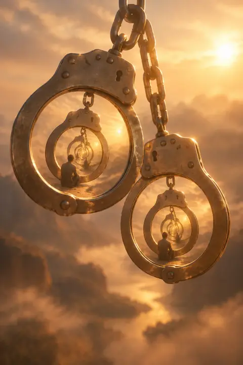 Handcuffs suspended in amber dusk contain infinite miniature figures caught in smaller handcuffs, being arrested in an endless recursive spiral.