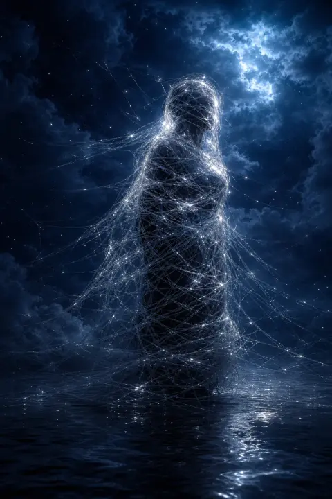 Hilos de luz estelar plateada tejidos apretadamente alrededor de forma invisible, noche índigo presionando, luz deshilachada