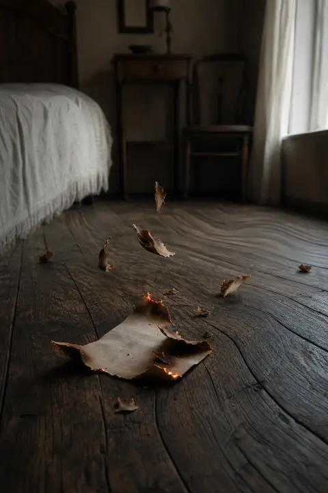 A sheet of paper curls at its edges into glowing embers that lift like petals, a dream of being burned
