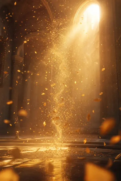 A swirl of warm embers rises through a sunlit hall, turning into golden petals, a dream of being burned