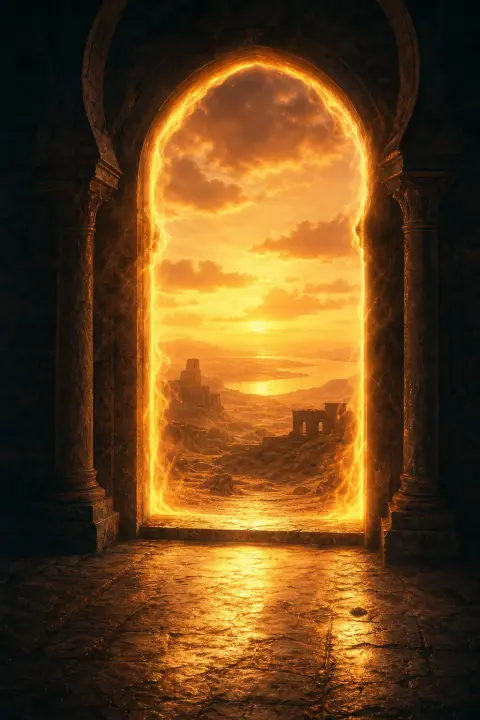 A doorway of soft flame-light opens onto a sun-scorched landscape at dusk, a dream of being burned