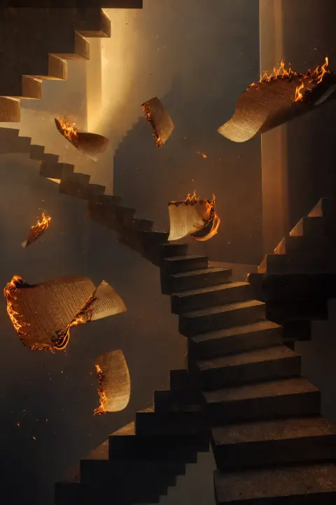 Curling burning pages drift among inverted staircases and floating embers, a dream of being burned