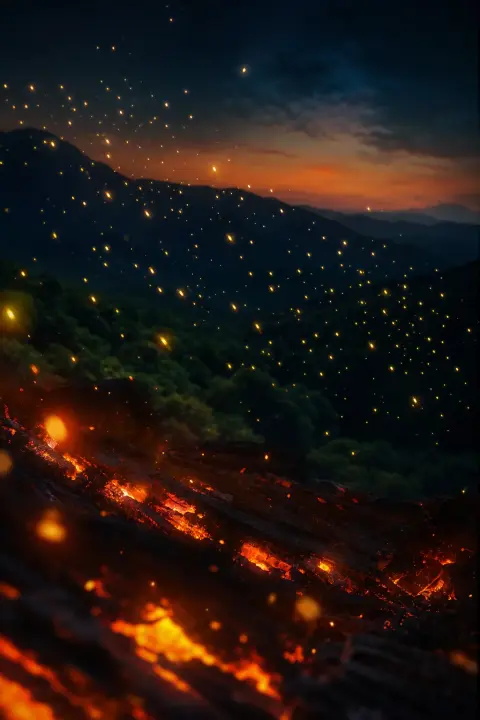 Close view of glowing embers whose sparks become a field of fireflies over dark hills, a dream of being burned