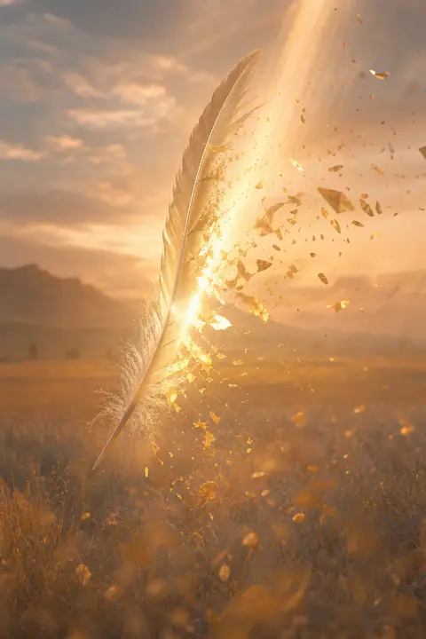 Eine einzelne Feder, von einem Lichtstrahl wie von einem Messerstich gekreuzt, treibt über eine weite sonnige Ebene
