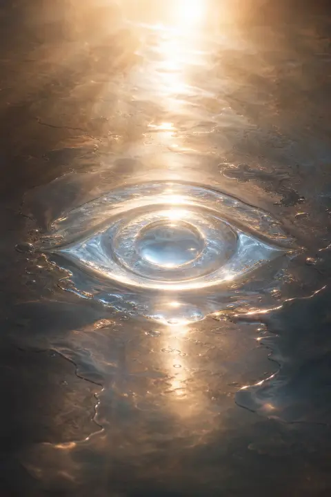 Moonlight solidifies into breathing eye shape, silver-blue mercury shifting liquid and solid with each invisible gaze watching.