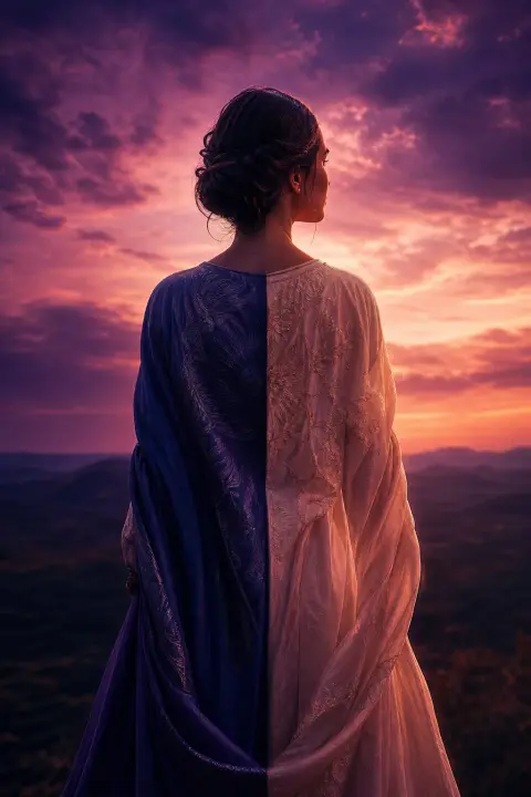 Body split symmetrically mid-turn, one half looking over shoulder, other facing forward, violet twilight catching both moments perfectly balanced.