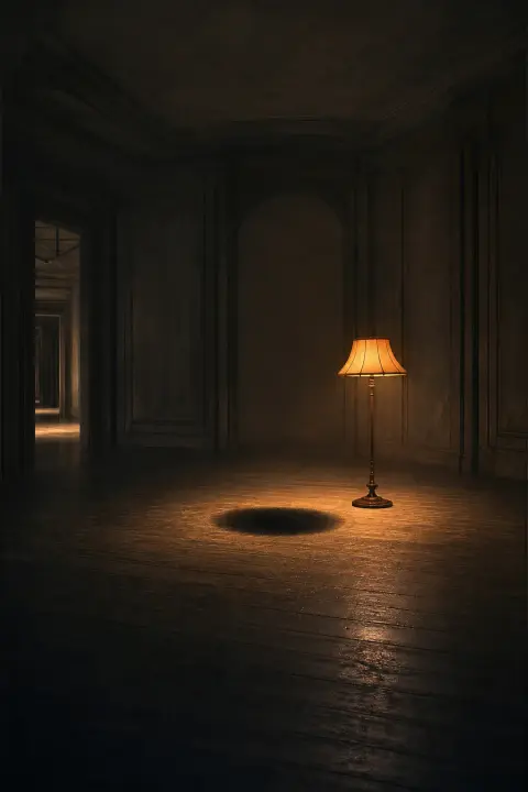Dark vast interior defined by absence, single warm lamp illuminates only void where watcher should stand, presence felt as pure negation.