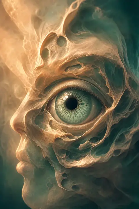 Face gradually dissolves into eye, cheekbones soften to iris curves, skin becomes pupil, pale peach and mint rendering transformation mid-frame.