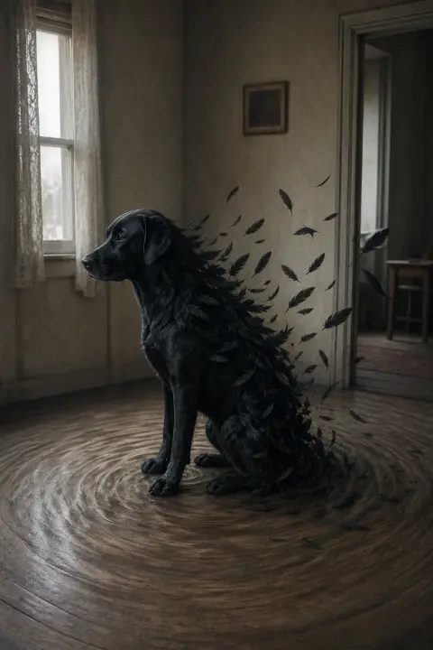 Un chien noir assis dans une pièce sombre, sa silhouette se dissout en plumes obscures, le plancher ondule comme de l'eau