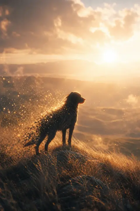 Un chien noir sur une colline ensoleillée, son contour ourlé d'or se disperse en fines particules dorées