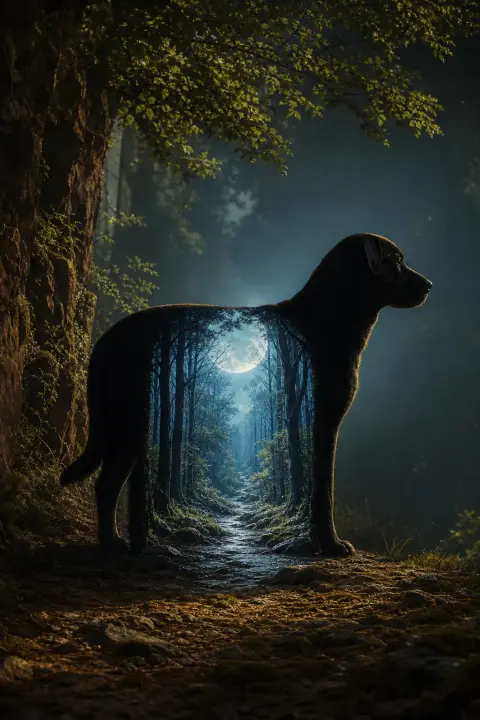 Un chien noir de profil forme une porte vivante ouvrant sur une forêt impossible baignée de lune