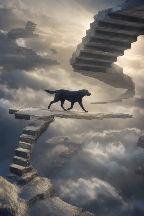 Un chien noir trotte sur des escaliers inversés et des sentiers de pierre suspendus parmi de lents nuages, gravité étrange