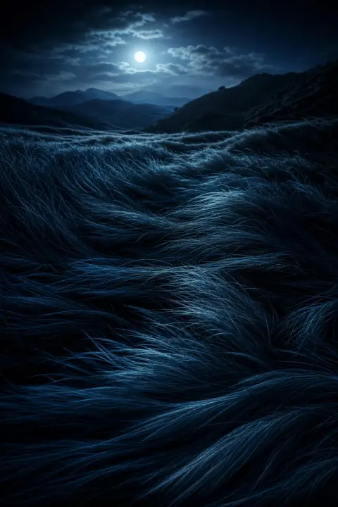 Gros plan du pelage sombre d'un chien noir dont les poils deviennent une herbe nocturne courbée par le vent sous les collines