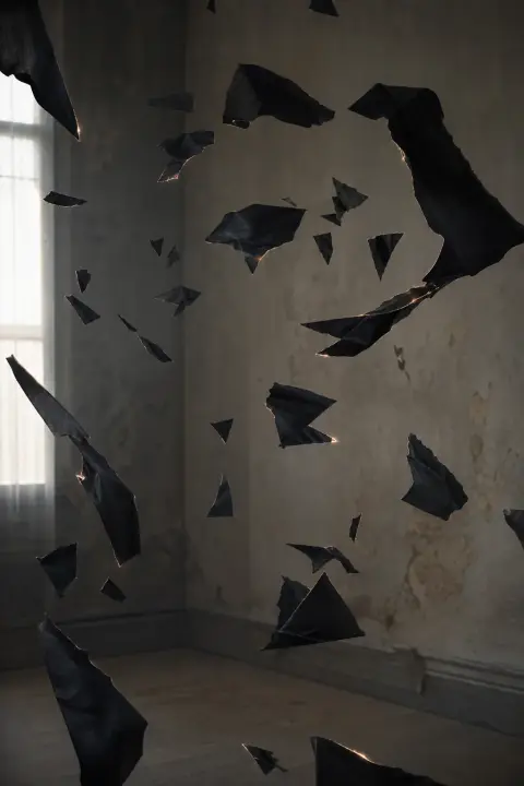 Schwarzer Stoff zerreißt in geometrische Scherben beim Fall, Bernsteinlicht durchfädelt sich durch aufgelöste Seide und Holzkohlestaub