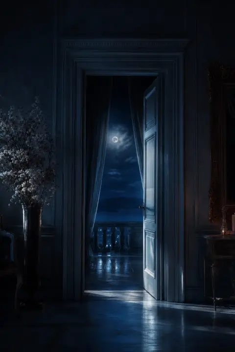 Türrahmen in silberblauem Mondlicht steht leer, schwarzes Kleid nur durch die kalte Stille angedeutet, die es hinterlässt, die Leere trägt seine Form