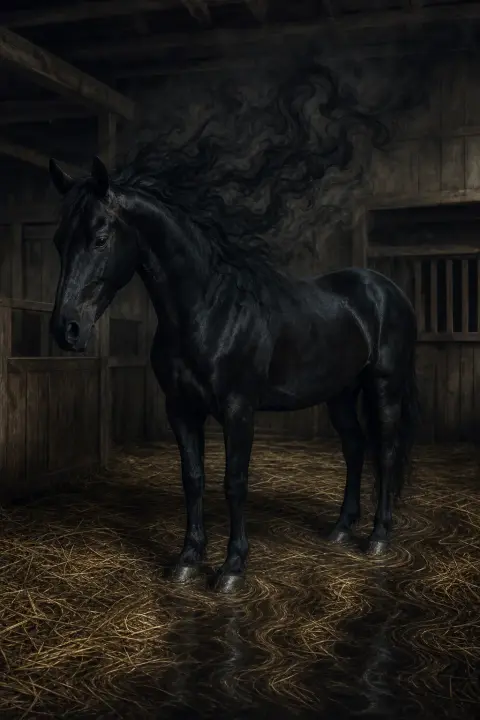 Un cheval noir dans une écurie sombre, sa crinière se dissout en fumée obscure, le sol de paille ondule comme de l'eau