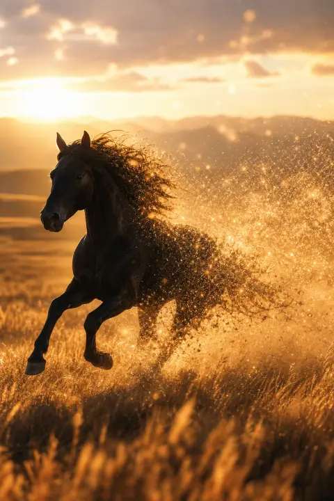 Un cheval noir galope sur une vaste plaine ensoleillée, son contour ourlé d'or se disperse en fines particules dorées