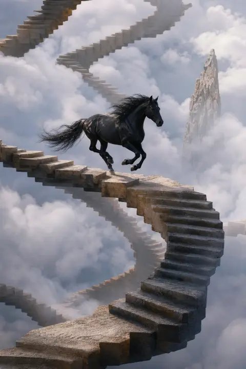 Un cheval noir galope sur des escaliers inversés et des sentiers de pierre suspendus parmi de lents nuages, gravité étrange