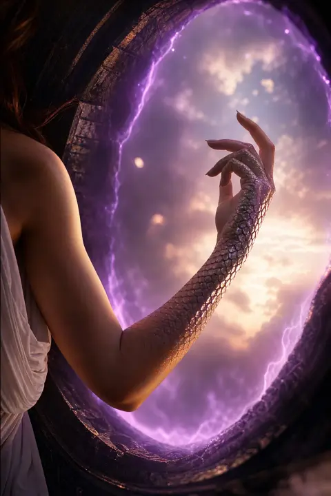 Braço de mulher transmuta em escamas brilhantes dentro de portal violeta, mão suspensa entre humana e serpente, sonho serpente preta