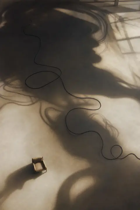 Um fio preto se enrola sobre piso branco visto de cima, sua sombra tão imensa que preenche toda a sala como ser vivo, serpente preta