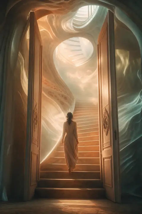 Puerta con escalera ascendente respirando a través del techo, figura subiendo hacia umbral dual