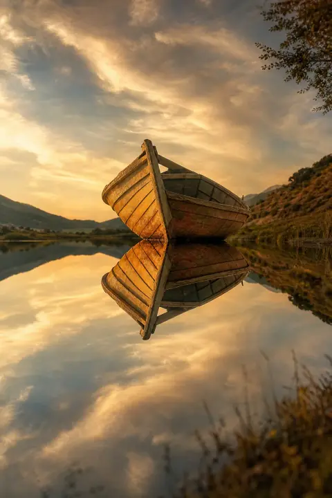 Boot und Spiegelzwilling in goldenem Wasser, perfekt symmetrisches Bernsteinglühen, beide unmöglich identisch