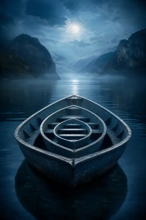 Silberblau-Boot enthält verschachtelte kleinere Schiffe, jedes perfekt ineinander gefügt, verblassend in Mondlicht-Nebel