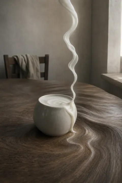 A rounded ceramic vessel of milk overflows into a stream floating upward as the wood ripples, a dream about breasts