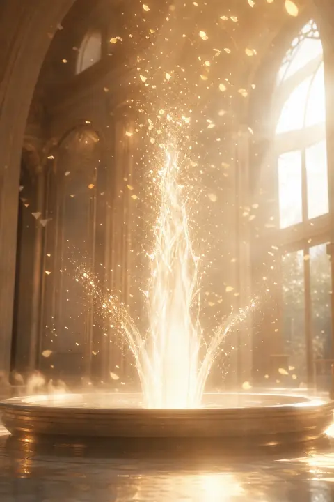 A gentle fountain of warm milk-light rises in a sunlit hall, its spray turning into golden petals, a dream of breasts