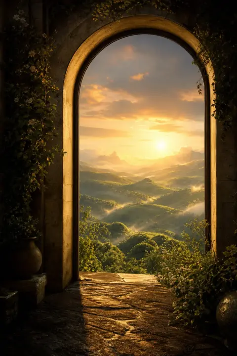 A rounded stone arch opens like a doorway onto rolling nurturing hills at dawn, a dream about breasts