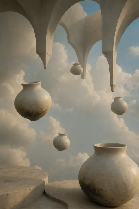 Rounded ceramic vessels drift among inverted arches and floating clouds with gentle uncanny gravity, a dream of breasts