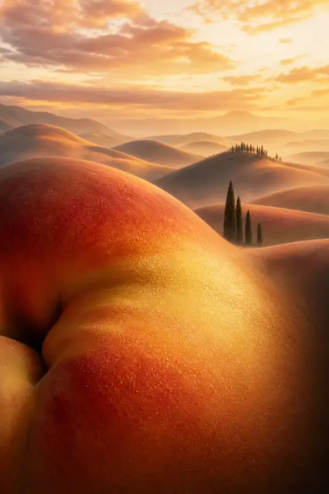 Close view of a ripe rounded fruit whose skin becomes soft rolling hills under a warm sky, a dream about breasts