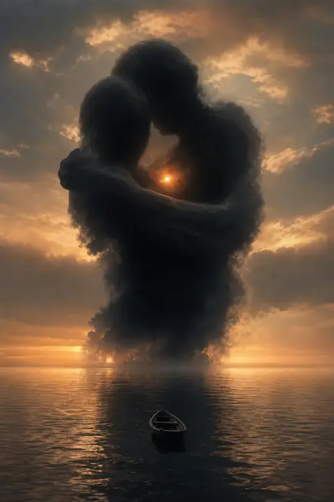 Vacío negro inmenso con forma de abrazo y luz ámbar ardiente en su corazón invisible, símbolo de nutrición