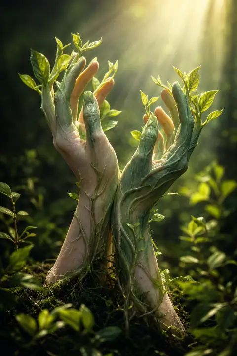 Manos transformándose en raíces y ramas, piel convirtiéndose en tallo, dedos desplegándose como hojas, nutrición fluyendo hacia arriba